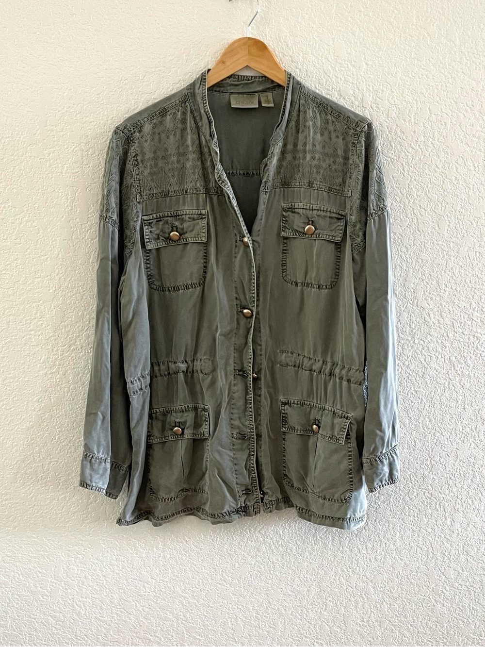 Chico’s Embroidered Lyocell Cinch Waist Utility Jacket Olive Green Size 3 (XL)